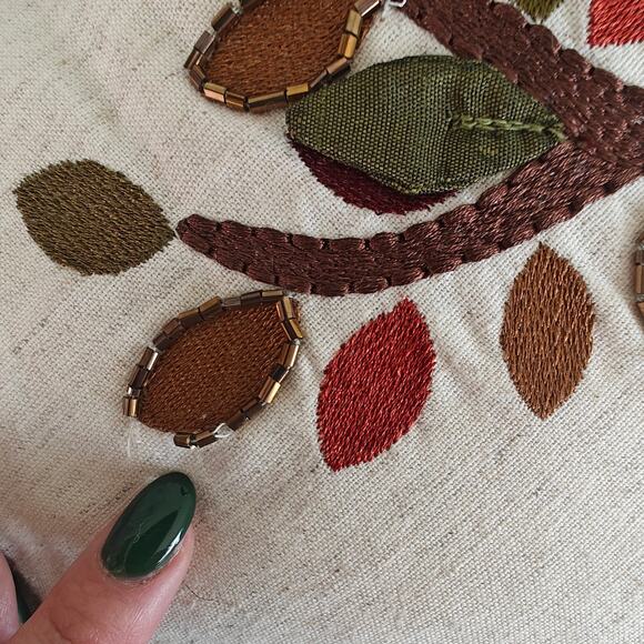 Pier 1 Embroidered Appliqued Pillow Tree Gold Green Orange Leaf Autumn Fall - Picture 3 of 8